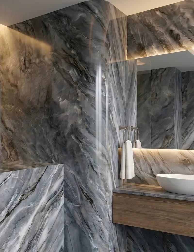 Formed wall-panel corner and continuous stone-look finish in a bathroom.