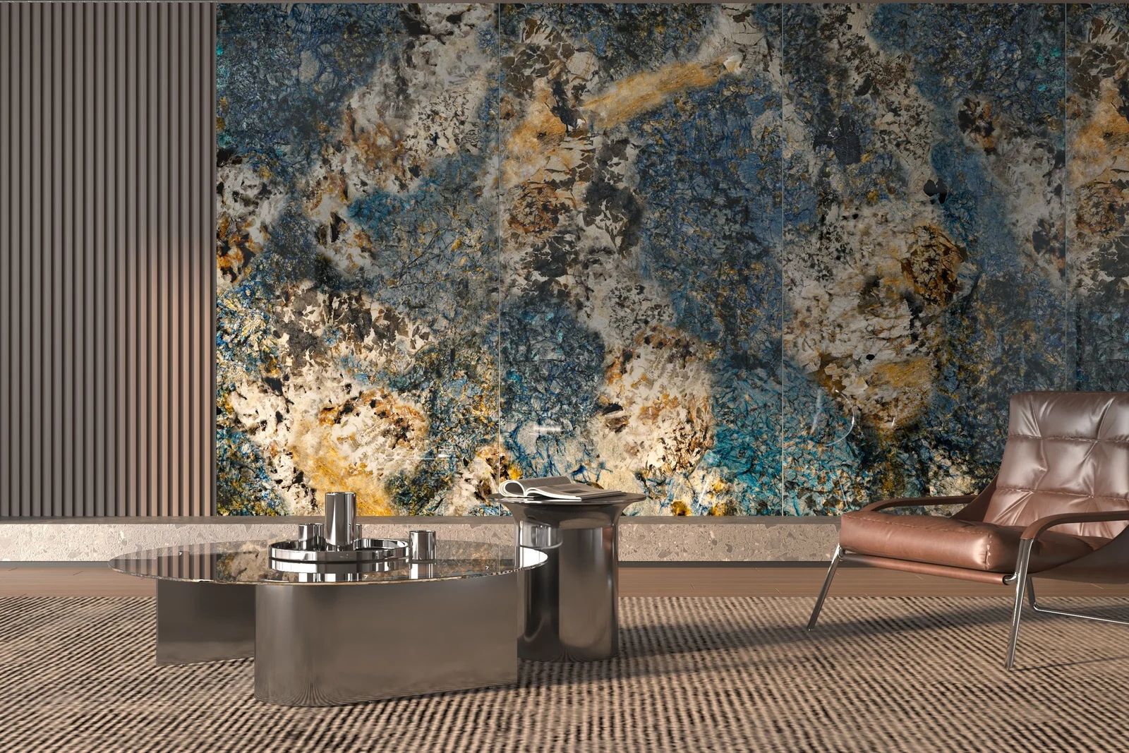 Large-format decorative wall panels paired with linear profiles and flooring.