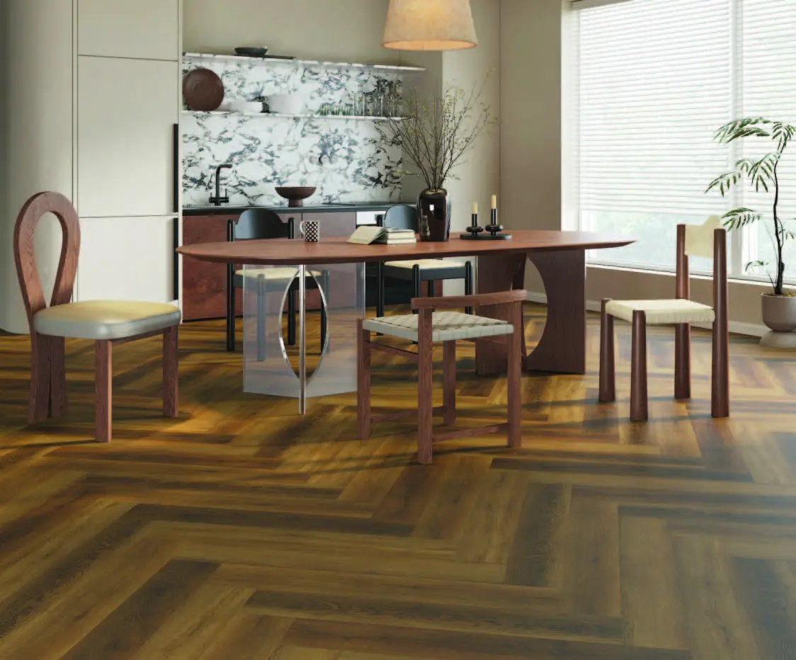 Herringbone flooring in a finished interior.